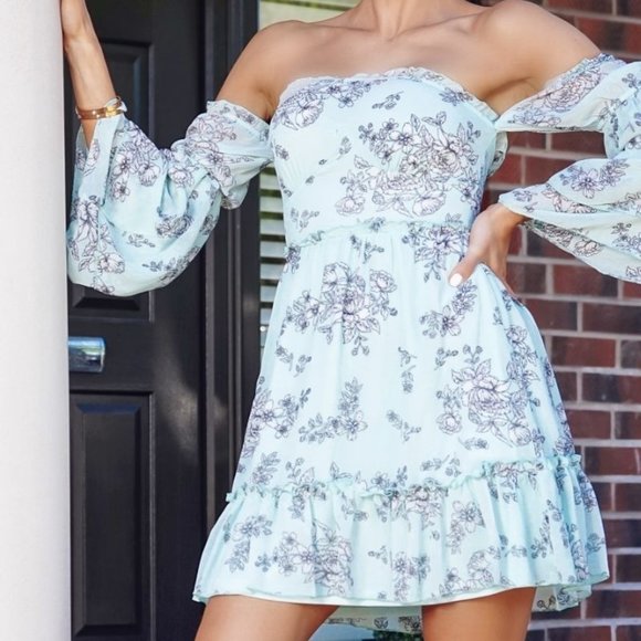 Dreamer Turquoise Floral Off The Shoulder Dress - Picture 3 of 9